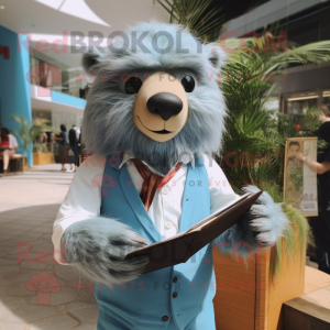 Sky Blue Sloth Bear mascot costume character dressed with a Blouse and Pocket squares