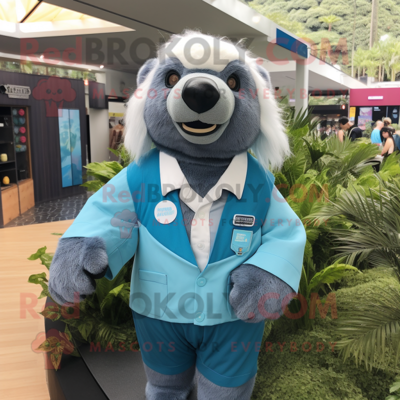 Sky Blue Sloth Bear mascot costume character dressed with a Blouse and Pocket squares Sky Blue Sloth Bear mascot costume character dressed with a Blouse and Pocket squares