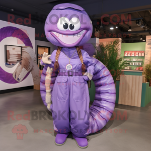 Lavender Titanoboa mascot costume character dressed with a Dungarees and Headbands