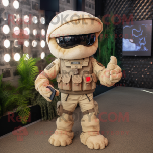 Beige Commando mascot costume character dressed with a Vest and Hairpins