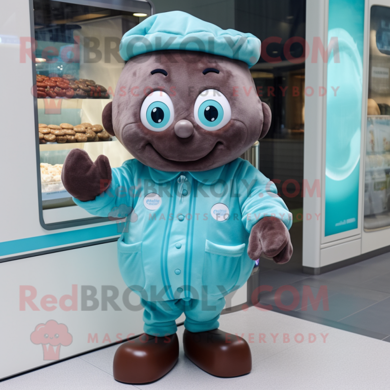 Cyan Chocolates mascot costume character dressed with a Coat and Headbands Cyan Chocolates mascot costume character dressed with a Coat and Headbands