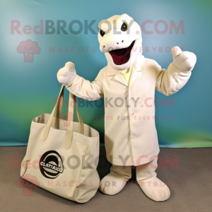 Cream Titanoboa mascot costume character dressed with a Blazer and Tote bags