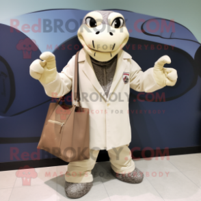 Cream Titanoboa mascot costume character dressed with a Blazer and Tote bags