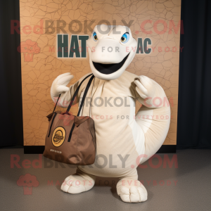 Cream Titanoboa mascot costume character dressed with a Blazer and Tote bags