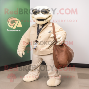 Cream Titanoboa mascot costume character dressed with a Blazer and Tote bags