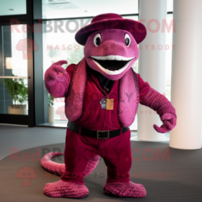 Magenta Titanoboa mascot costume character dressed with a Waistcoat and Hats