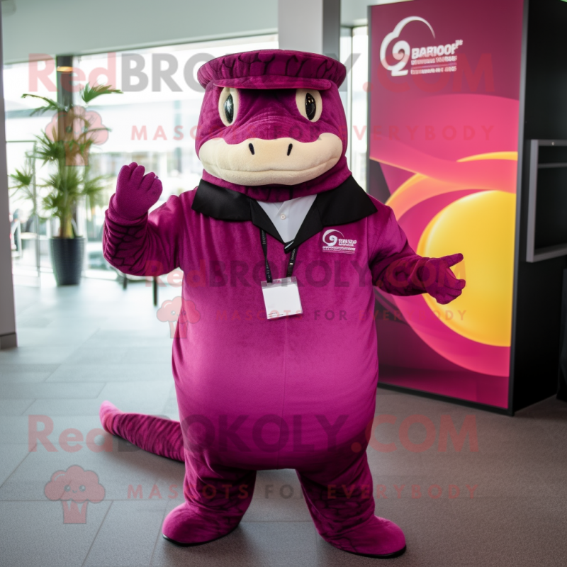 Magenta Titanoboa mascot costume character dressed with a Waistcoat and Hats