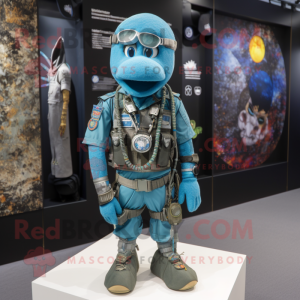 Turquoise Special Air Service mascot costume character dressed with a Bootcut Jeans and Necklaces