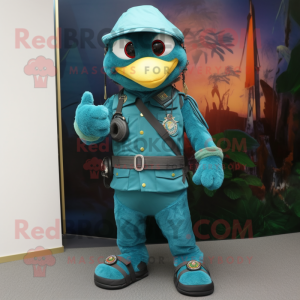 Turquoise Special Air Service mascot costume character dressed with a Bootcut Jeans and Necklaces