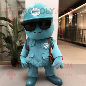 Turquoise Special Air Service mascot costume character dressed with a Bootcut Jeans and Necklaces