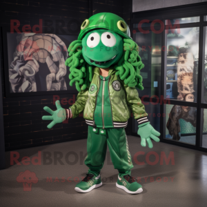Green Medusa mascot costume character dressed with a Bomber Jacket and Headbands