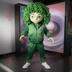 Green Medusa mascot costume character dressed with a Bomber Jacket and Headbands