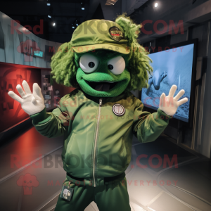 Green Medusa mascot costume character dressed with a Bomber Jacket and Headbands