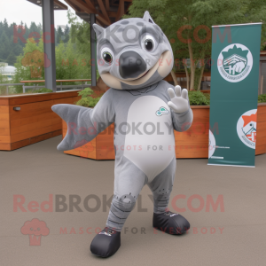 Gray Salmon mascot costume character dressed with a Leggings and Foot pads