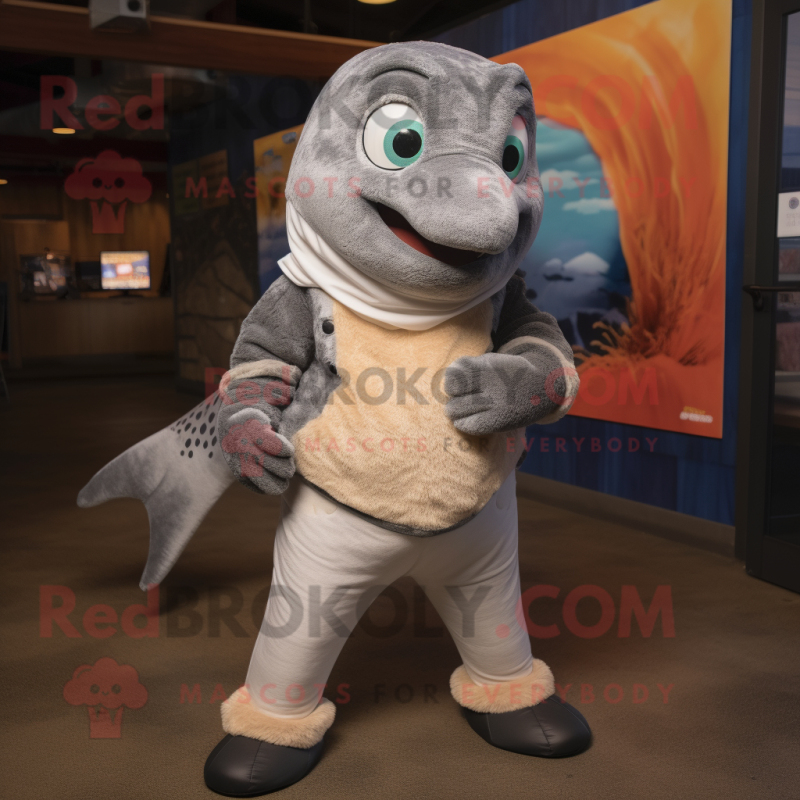 Gray Salmon mascot costume character dressed with a Leggings and Foot pads