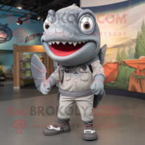 Gray Salmon mascot costume character dressed with a Leggings and Foot pads