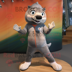Gray Salmon mascot costume character dressed with a Leggings and Foot pads