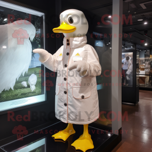 White Duck mascot costume character dressed with a Raincoat and Watches