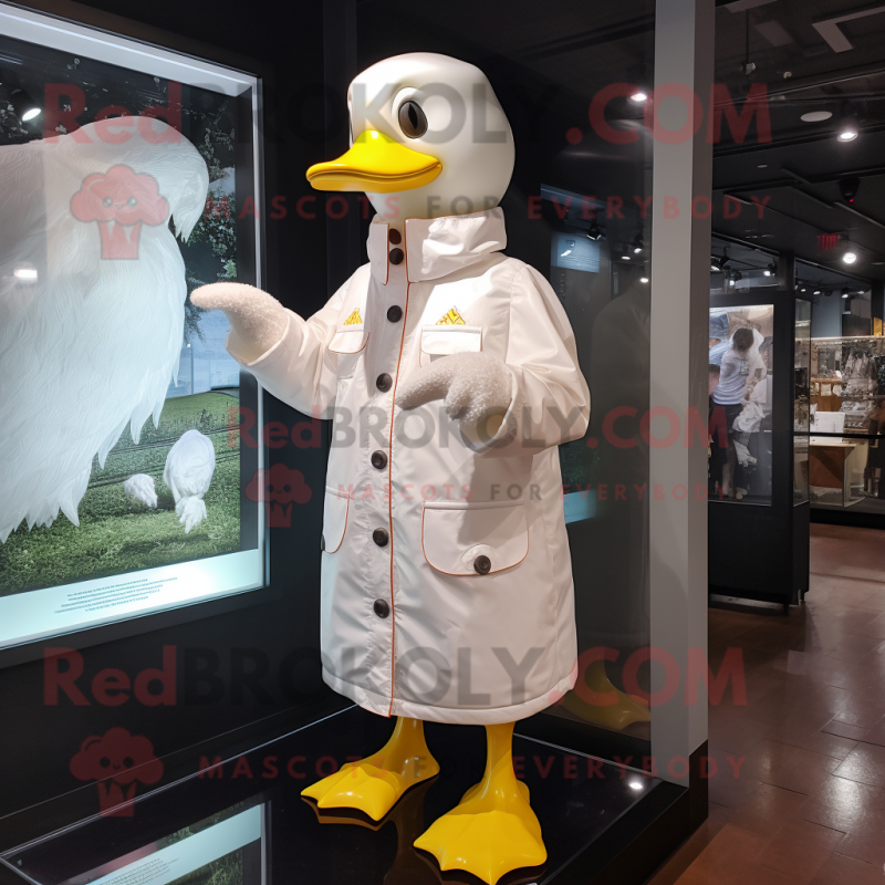 White Duck mascot costume character dressed with a Raincoat and Watches