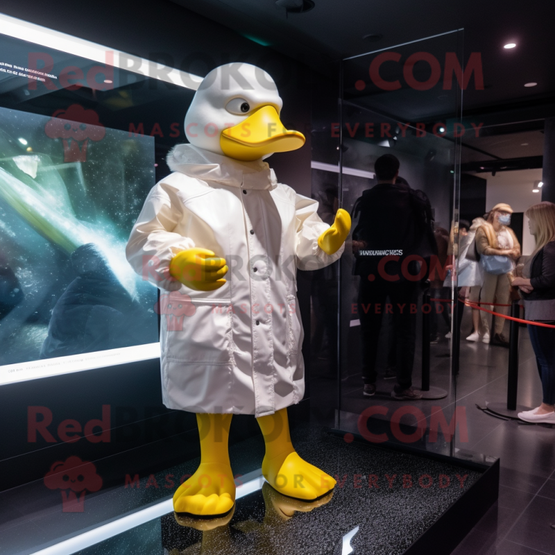 White Duck mascot costume character dressed with a Raincoat and Watches