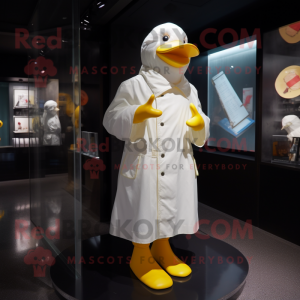 White Duck mascot costume character dressed with a Raincoat and Watches