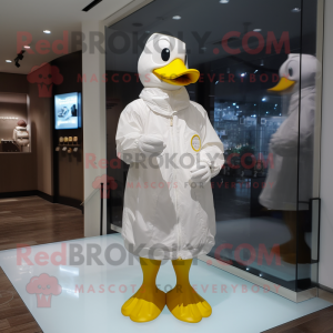 White Duck mascot costume character dressed with a Raincoat and Watches