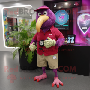 Magenta Kiwi mascot costume character dressed with a Poplin Shirt and Digital watches