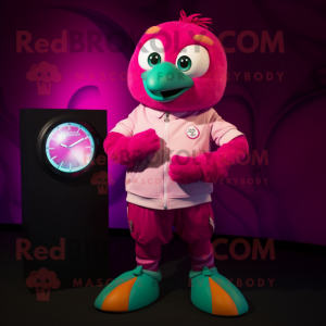 Magenta Kiwi mascot costume character dressed with a Poplin Shirt and Digital watches