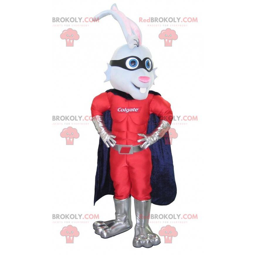 Mascotte di coniglio supereroe con una fascia e un mantello -