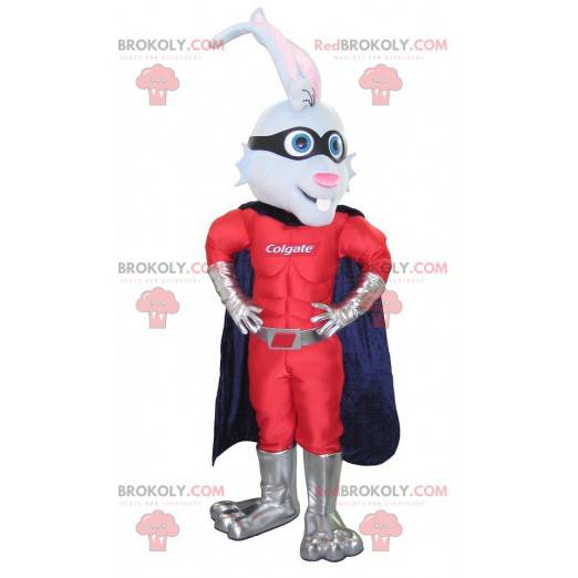 Superhelden-Kaninchen-Maskottchen mit Stirnband und Umhang -