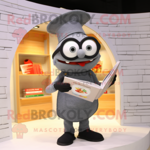 Gray Paella mascot costume character dressed with a Jeans and Reading glasses