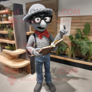 Gray Paella mascot costume character dressed with a Jeans and Reading glasses