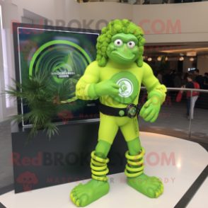 Lime Green Medusa mascot costume character dressed with a Rash Guard and Bracelet watches