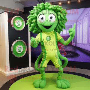 Lime Green Medusa mascot costume character dressed with a Rash Guard and Bracelet watches
