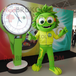 Lime Green Medusa mascot costume character dressed with a Rash Guard and Bracelet watches