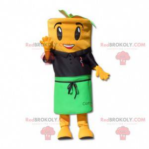 Orange carrot mascot with a polo shirt and an apron -