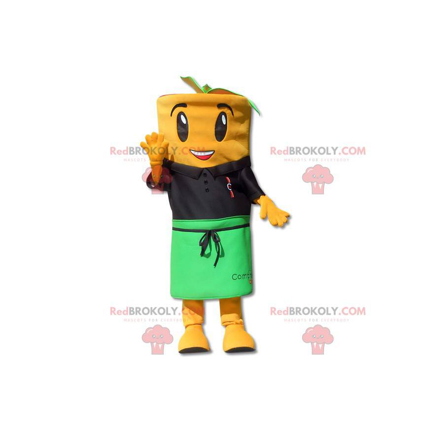 Orange carrot mascot with a polo shirt and an apron -