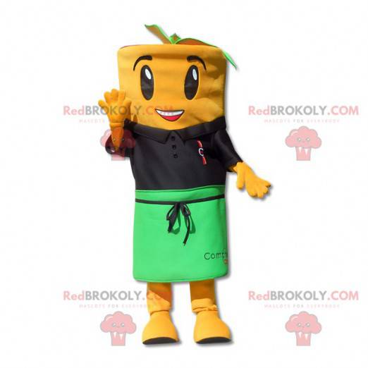 Orange carrot mascot with a polo shirt and an apron -