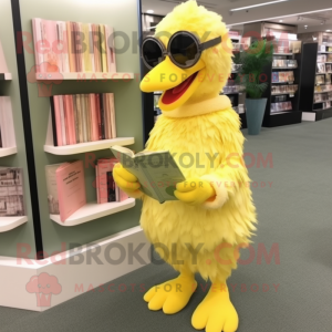 Lemon Yellow Flamingo mascot costume character dressed with a Cover-up and Reading glasses