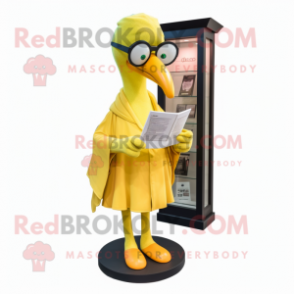 Lemon Yellow Flamingo mascot costume character dressed with a Cover-up and Reading glasses