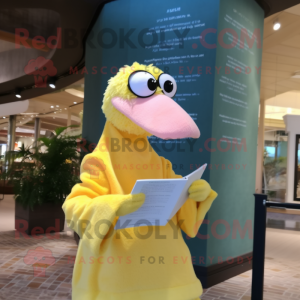 Lemon Yellow Flamingo mascot costume character dressed with a Cover-up and Reading glasses