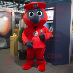 Red Navy Seal mascot costume character dressed with a Romper and Coin purses