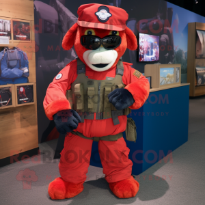 Red Navy Seal mascot costume character dressed with a Romper and Coin purses
