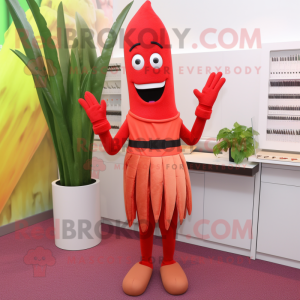 Red Asparagus mascot costume character dressed with a Pencil Skirt and Gloves