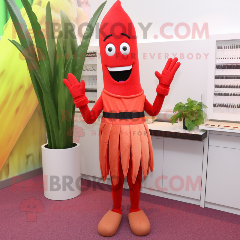 Red Asparagus mascot costume character dressed with a Pencil Skirt and Gloves Red Asparagus mascot costume character dressed with a Pencil Skirt and Gloves
