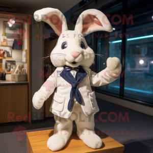 Cream Rabbit mascot costume character dressed with a Parka and Bow ties