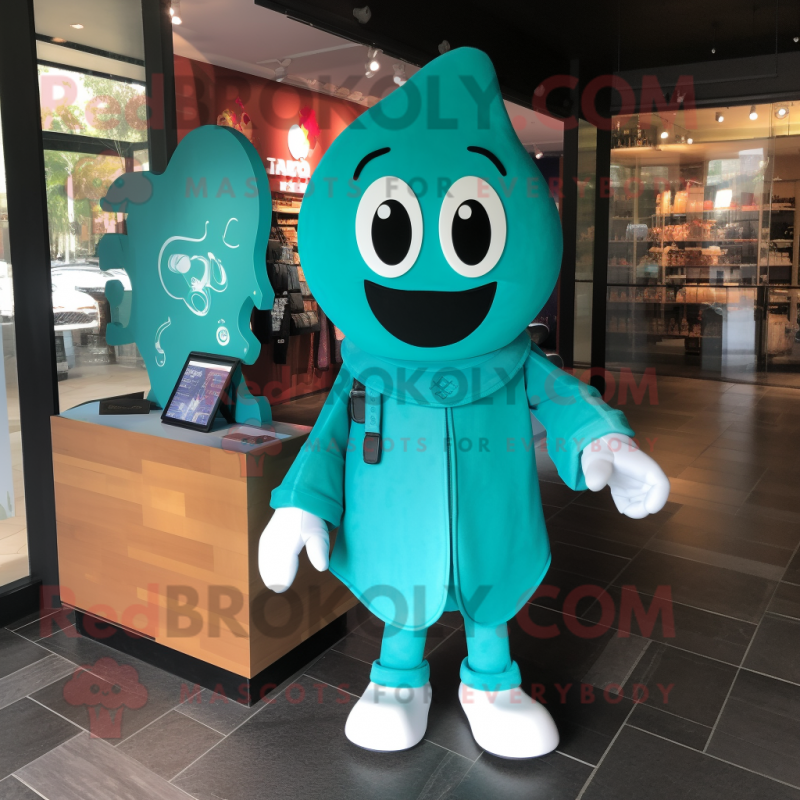 Turquoise Ghost mascot costume character dressed with a Jacket and Handbags