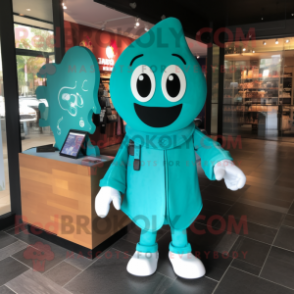 Turquoise Ghost mascot costume character dressed with a Jacket and Handbags