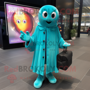 Turquoise Ghost mascot costume character dressed with a Jacket and Handbags