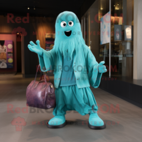 Turquoise Ghost mascot costume character dressed with a Jacket and Handbags